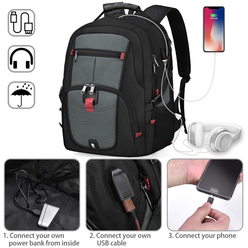 NUBILY Laptop Backpack 17 Inch Waterproof Extra Large TSA Travel Backpack Anti Theft College Business Mens Backpacks with USB Charging Port 17.3 Gaming Computer Backpack for Women Men 45 L Grey - Image 3